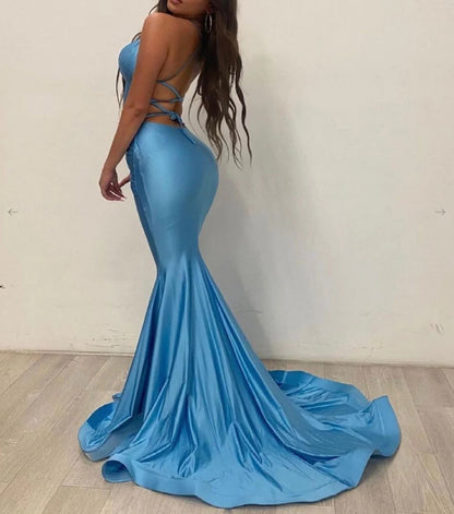 Simple Blue Satin Mermaid Long Prom Dress Blue Evening Dress