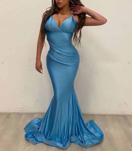 Simple Blue Satin Mermaid Long Prom Dress Blue Evening Dress