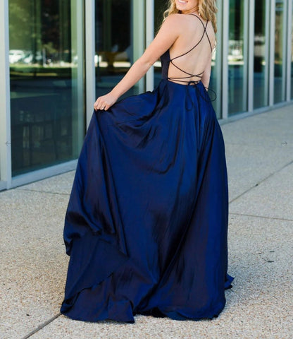 Simple Blue Satin Long Prom Dress Blue Backless Evening Dress