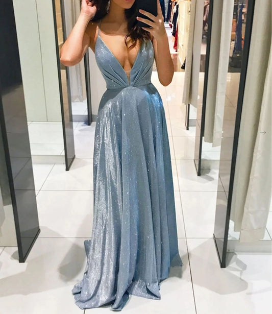 Simple V Neck A Line Long Prom Dress Blue Evening Dress