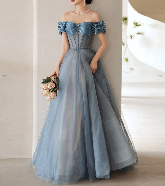 Blue Off Shoulder Satin Long Prom Dress Blue Satin Evening Dresses