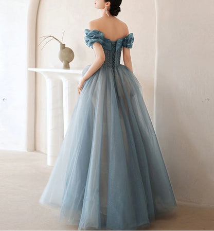 Blue Off Shoulder Satin Long Prom Dress Blue Satin Evening Dresses