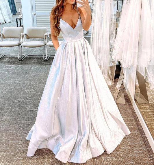 Silver V Neck Satin Long Prom Dress Silver Long Evening Dress