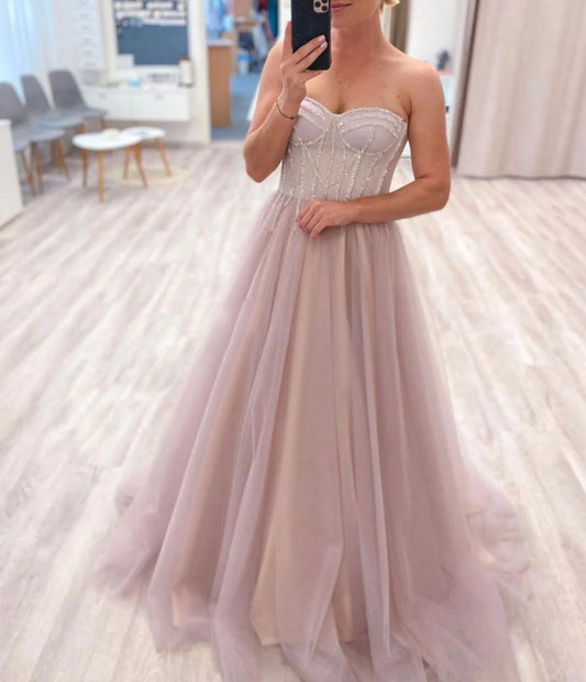Pink Sweetheart Neck Tulle Long Prom Dress Pink Tulle Formal Evening Dress