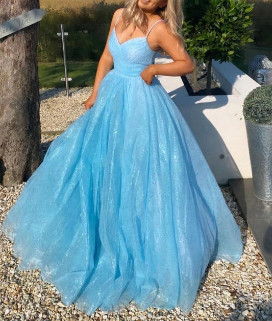 Simple Blue Tulle Sequin Long Prom Dress Blue Tulle Formal Evening Dresses