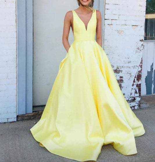 Simple V Neck Satin Long Prom Dress Yellow Evening Dress