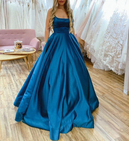 Simple Blue Satin Backless Long Prom Dress Blue Evening Dress