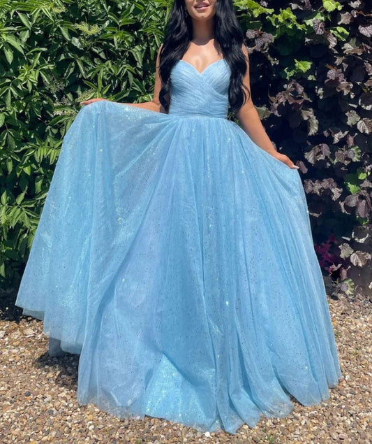 Simple V Neck Blue Tulle Sequin Long Prom Dress Blue Evening Dress