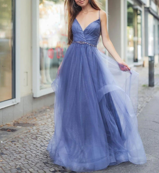 Blue V Neck Tulle Long Prom Dress Blue Tulle Evening Dress