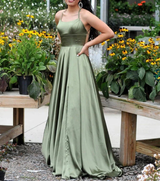 Simple Green Satin Long Prom Dress Green Evening Dress