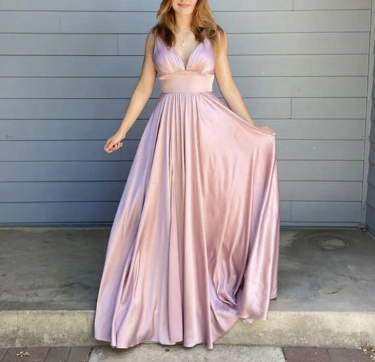 Simple Pink Satin Long Prom Dress Pink Evening Dress