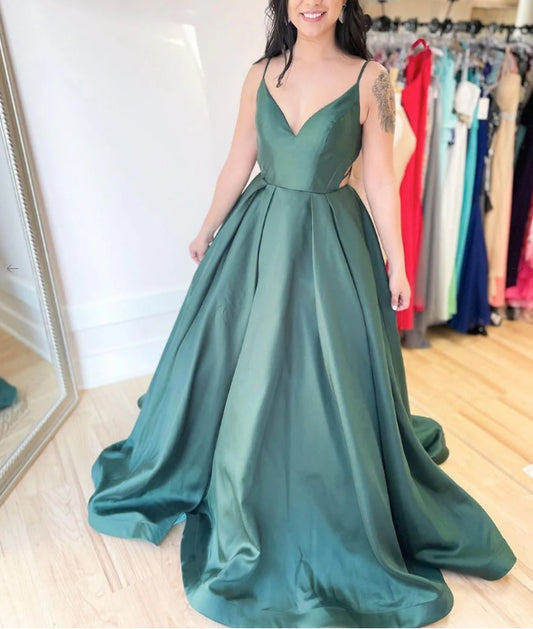 Simple V Neck Satin Green Long Prom Dress Green Long Evening Dress