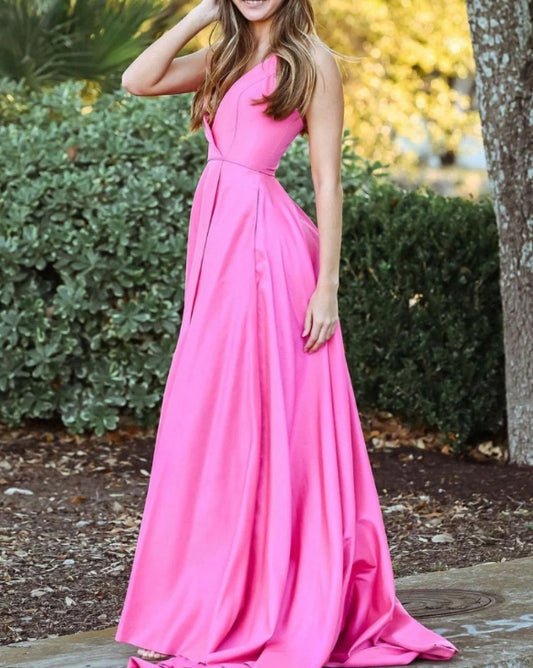 Simple Pink Satin Long Prom Dress Pink Satin Long Evening Dress