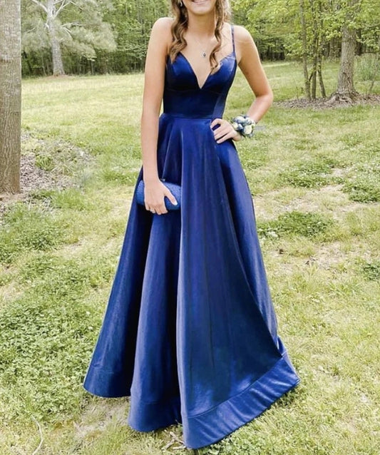 Simple Blue V Neck Satin Long Prom Dress Blue Formal Evening Dress