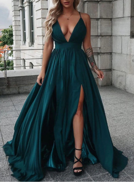 Dark Green V Neck Long Prom Dress Green Evening Dress