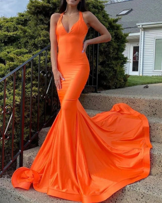 Simple Orange Satin Mermaid Long Prom Dress Orange Evening Dress