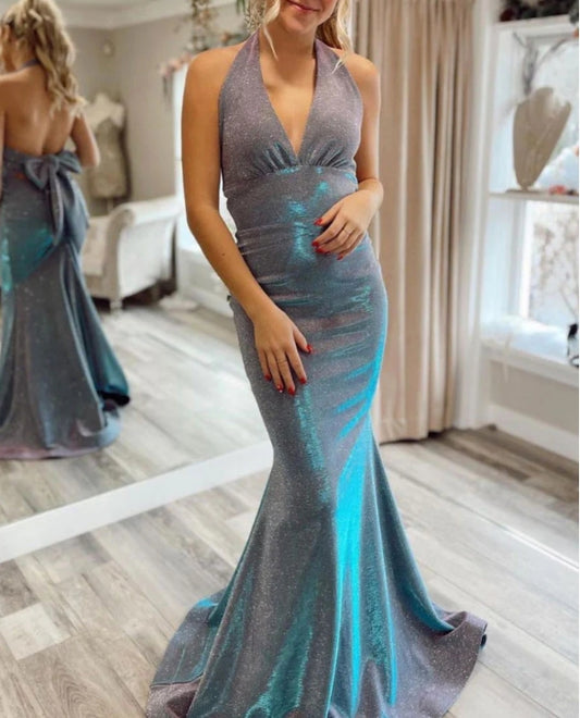 Gray Blue V Neck Mermaid Long Prom Dress Blue Evening Dress