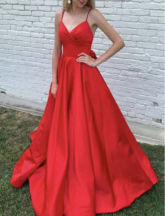 Red V Neck Satin Long Prom Dress Red Satin Evening Dress