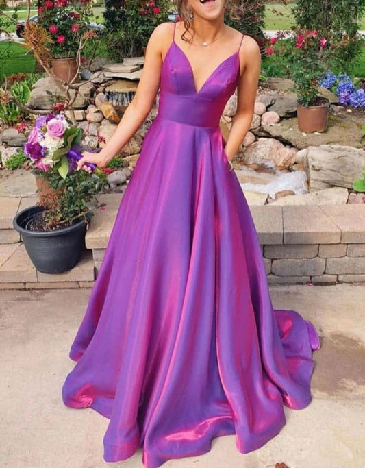 Simple Purple Red Satin Long Prom Dress Purple Evening Dress