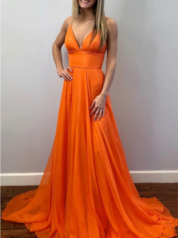 Simple Orange Tulle Long Prom Dress Orange Evening Dress