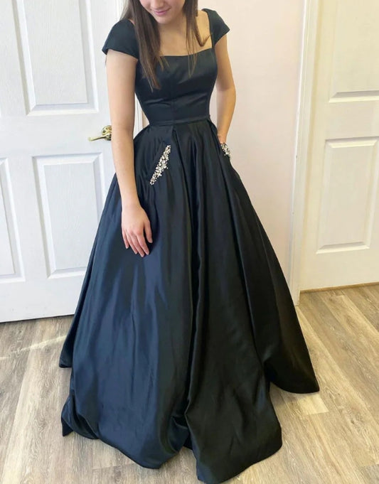 Simple Black Satin Long Prom Dress Black Satin Evening Dress