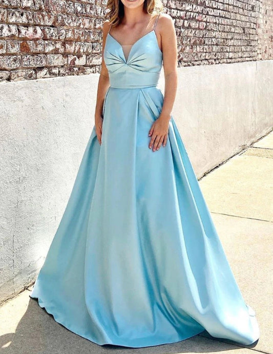 Blue V Neck Satin Long Prom Dress Blue Long Evening Dress