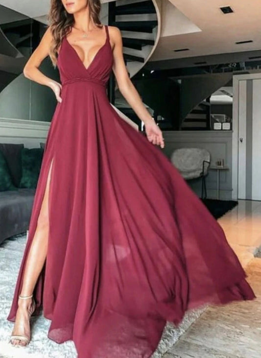 Simple V Neck Chiffon Long Prom Dress Chiffon Evening Dresses