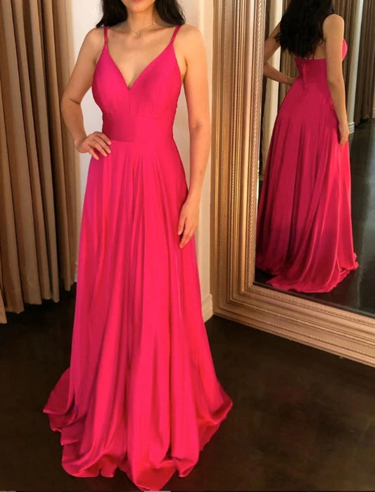 Simple V Neck Pink Long Prom Dress Pink Formal Evening Dresses