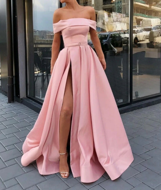 Simple Pink Off Shoulder Satin Long Prom Dress Pink Formal Evening Dresses