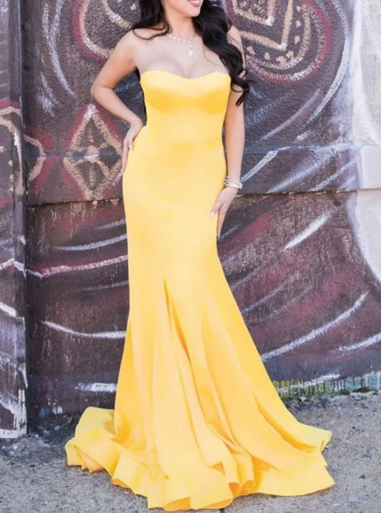 Yellow Satin Mermaid Long Prom Dress Yellow Formal Evening Dresses