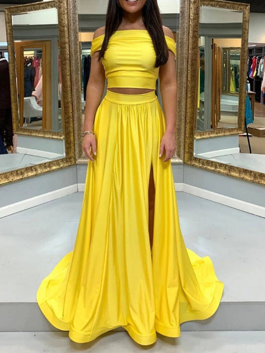 Simple Yellow Satin Two Pieces Long Prom Dress Yellow Formal Evening Dresses