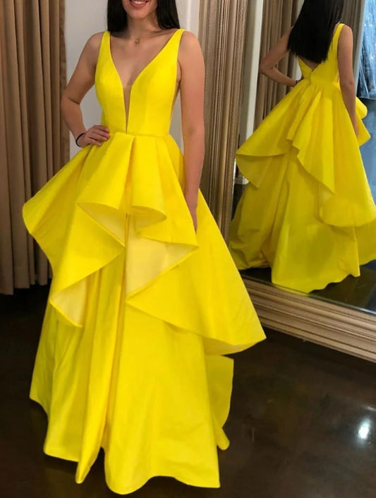 Simple Yellow Satin Long Prom Dress Yellow Evening Dress
