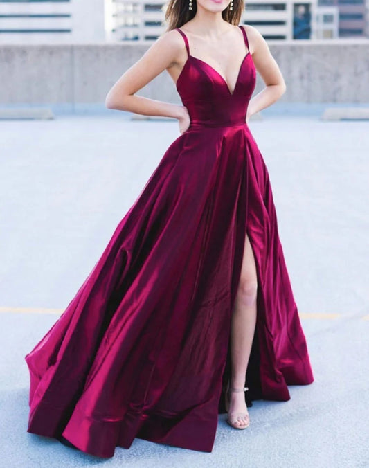 Simple Burgundy Satin Long Prom Dress Burgundy Formal Evening Dresses