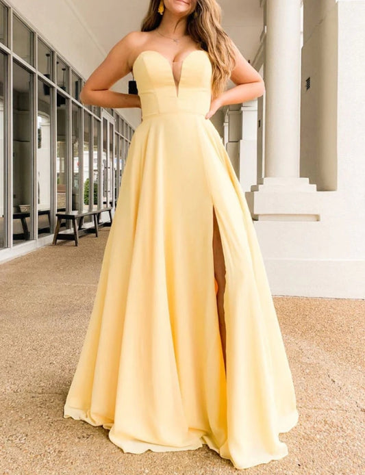 Simple Yellow Satin Long Prom Dress Yellow Formal Evening Dresses