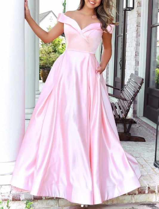 Pink Satin Long Prom Dress Pink Long Evening Dress