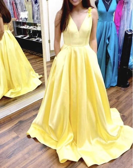 Simple Yellow Satin Long Prom Dress Yellow Formal Evening Dresses