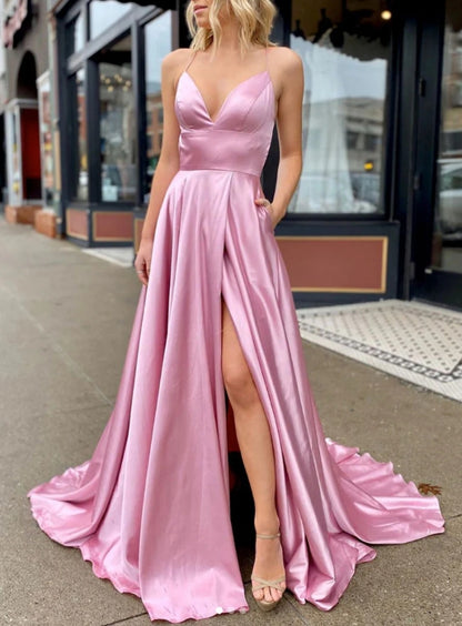 Simple V Neck Satin Long Prom Dress Pink Long Evening Dress