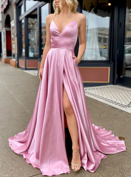 Simple V Neck Satin Long Prom Dress Pink Long Evening Dress