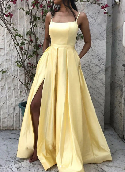 Simple Yellow Satin Long Prom Dress Yellow Formal Evening Dresses