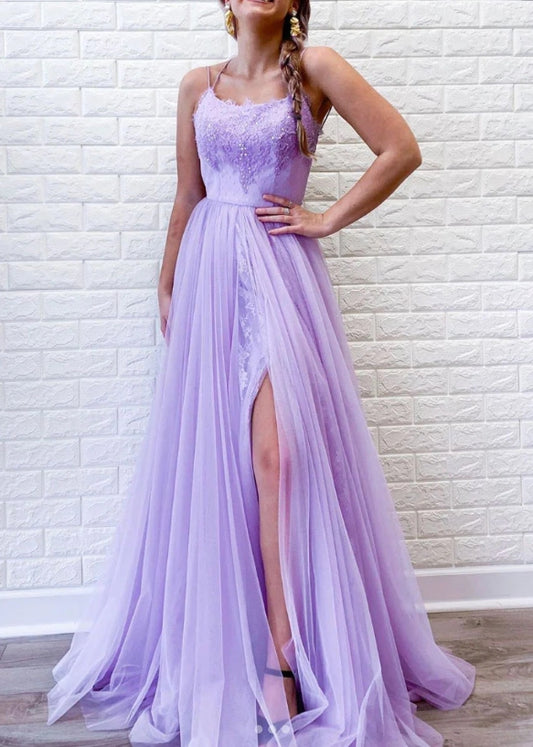 Purple Tulle Lace Long Prom Dress Purple Formal Evening Dresses