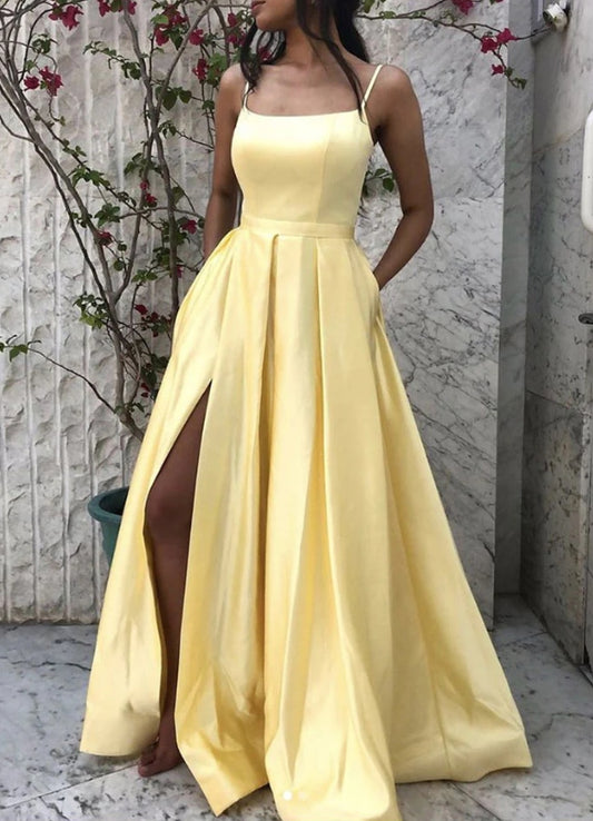 Simple Yellow Satin Long Prom Dress Yellow Formal Evening Dresses