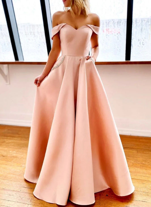 Pink Off Shoulder Satin Long Prom Dress Pink Evening Dress