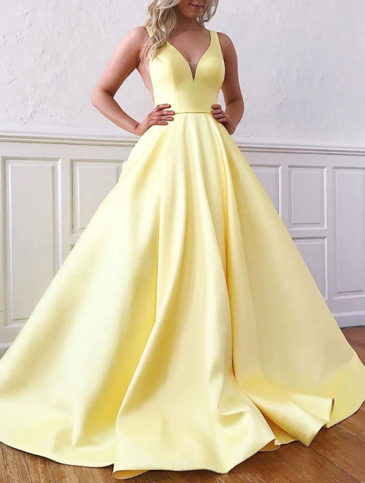 Simple Yellow V Neck Satin Long Prom Dress Yellow Formal Evening Dresses