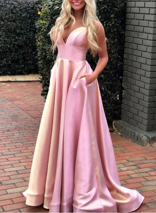 Simple Pink V Neck Satin Long Prom Dress Pink Formal Evening Dresses
