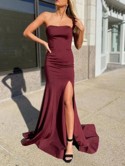 Unique Burgundy Satin Long Prom Dress Burgundy Formal Evening Dress
