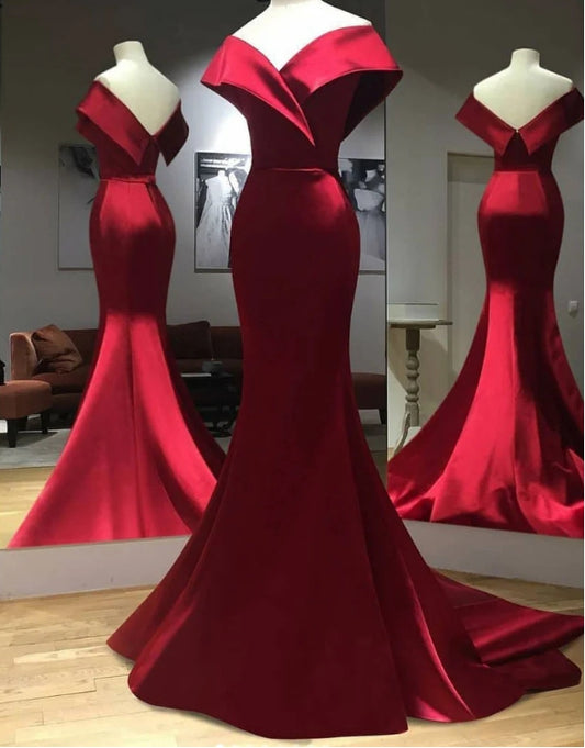 Simple Red A-line Off-the-shoulder Satin Long Evening  Dress For Prom Dress