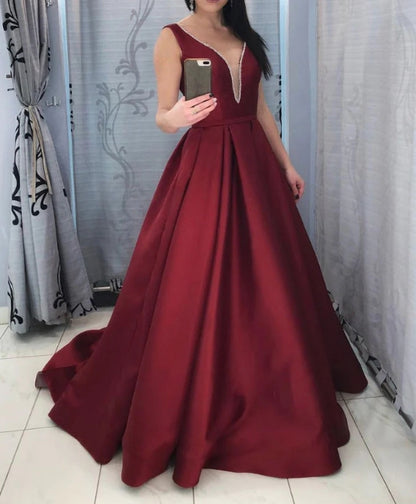 Burgundy V Neck Satin Long Prom Dress Burgundy Satin Evening Dress