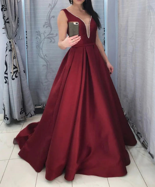Burgundy V Neck Satin Long Prom Dress Burgundy Satin Evening Dress