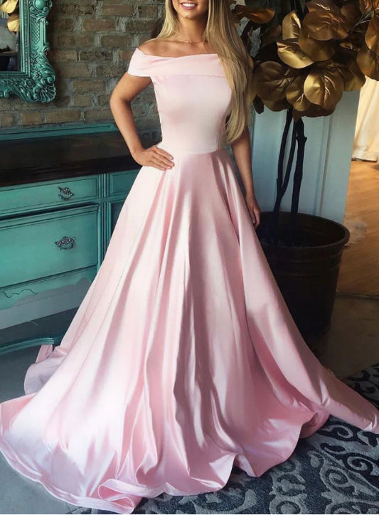 Simple Pink Satin Long Prom Dress Pink Evening Dress