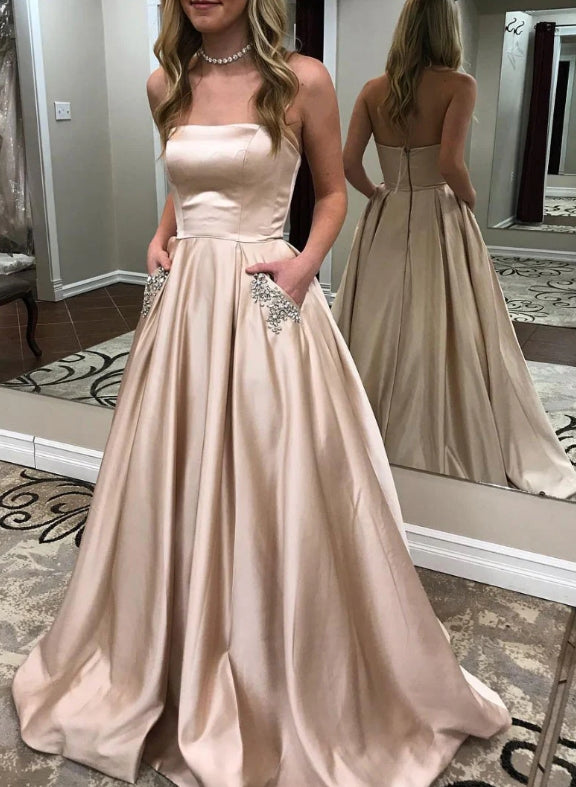 Champagne Satin Long Prom Dress Champagne Evening Dress